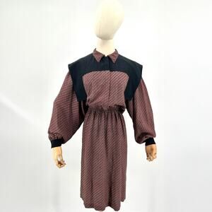 Vintage 1980s Oleg Cassini Boutique Red Black Geometric Dress